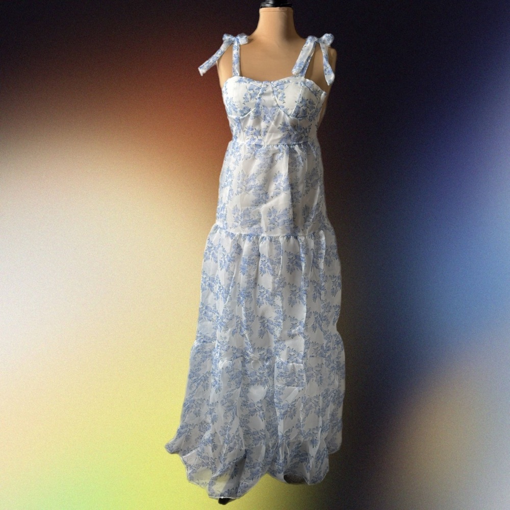 Blue white ribbon corset built in bra dress size small maxi Sleeveless